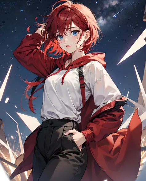 Teen girl body, Anime, short wolfcut red hair, blue eyes like a starry night, red hoodie with black slacks