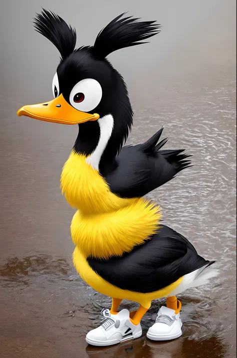 Hyper realistic Daffy Duck in the rain wearing designer clothes with Jordan 4s