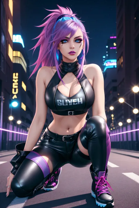 beautiful girl, full body, short bright blue and magenta streaked dishevelled hair, large blue piercing eyes, black eyeshadow, (street style wear:1.2), ((tight fitted pants)), ((knee high leather boots)), (city night background:1.2), dark makeup, digital a...