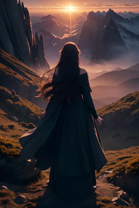 silhouette portrait of a woman, flowing hair, standing alone on a mountain, watching the sunset, taken from behind, mystical magical fantasy enchanted ethereal, cinematic shot, cinematic scene, stunning, breathtaking, a sense of magic in the air, magical f...