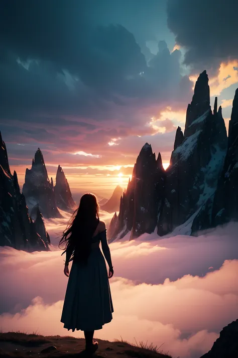 silhouette portrait of a woman, flowing hair, standing alone on a mountain, watching the sunset, taken from behind, mystical magical fantasy enchanted ethereal, cinematic shot, cinematic scene, stunning, breathtaking, a sense of magic in the air, magical f...