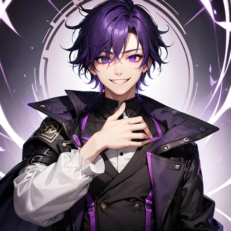 1 boy、Purple hair、Purple Eye、Maniac smile、Short messy hair、Portrait 、Heterochromia 、Hair covering the right eye、grinning evily、black trench coat、The shirt