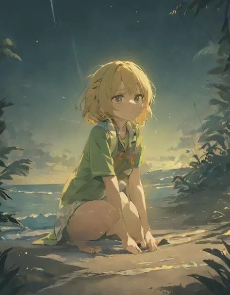 (masutepiece, Best Quality: 1.2), ultra-detailliert, Cinematic lighting, nffsw, Illustration, Landsapé, 1girl in, (Soft colors), Post-apocalyptic beaches, the night, Desolate atmosphere, Girl sitting on the sand, Covered vegetation, (Overcast sky), Waves c...