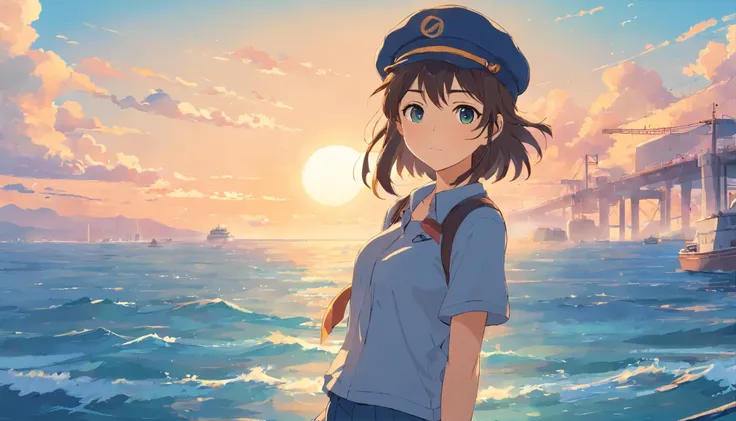 teens girl，beret，the sea，shorter pants