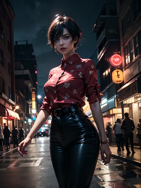 Outdoors, black mature woman, wearing black and red floral shirt, wearing black dress pants, blue eyes, glowing eyes, short hair, grey skin, club environment, night, blue neon signs, 8k, Unreal engine, highly detailed, photorealistic,