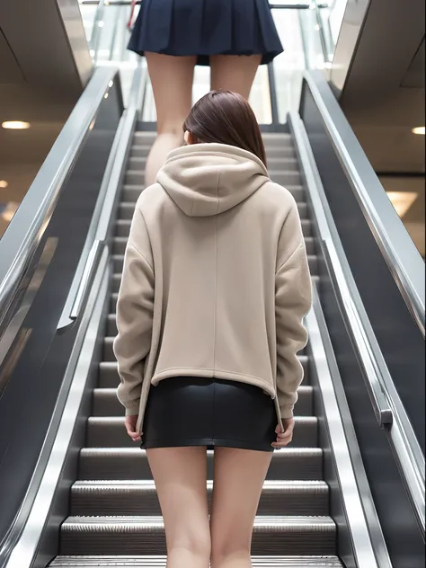 Up Escalator Skirt、short coat、bottom body close up、View from behind、Very low camera angle、Slouched、bent forward、Panchira