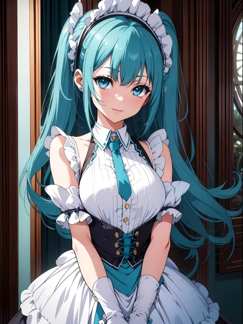 official art、top quality ultra-detailed cg art、miku hatsune：１.２）、blue hair、lively girl、maids、transcendent cute、kirakira、twin-tai...