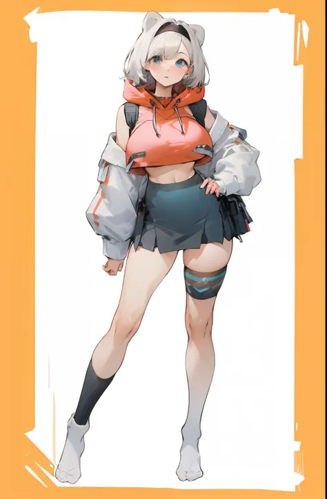 bigboobs，cropped shoulders，knee length socks，pleatedskirt，no shoes on，hoody，stand up