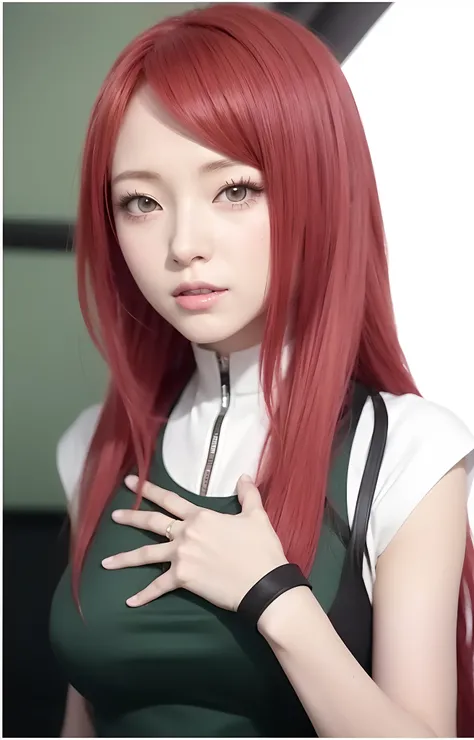 a close up of a woman with red hair and a green dress, photorealistic anime, anime girl in real life, hyper realistic anime, anime girl cosplay, inspired by Ayami Kojima, realistic anime style at pixiv, realistic young anime girl, realistic anime artstyle,...