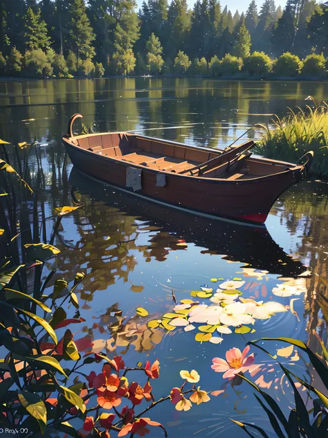 wallpaper, summer pond, pond, boat, afternoon sun, reeds, pond background, depth of field, hot weather, hd detail, wet watermark...