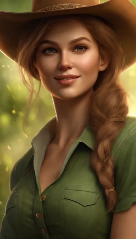 only 1 girl, beautiful, wearing Pantyhose and shorts ,white T-shirt, light brown hair, short ponytail, light smile ,cowboy shot, green background ,masterpiece, anatomically correct, textured skin, super detail, high details, best quality, high quality