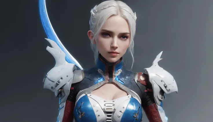 Cirilla Fiona Elen Riannon，Highest image quality，Outstanding details，超高分辨率，（Fidelity：1.4）, Favor the details，closeup cleavage，Ride a dragon，High-tech dragon knight mech，He has a delicate and beautiful face，（（Blue-white flying semi-mechanical fuselage：1.8））...