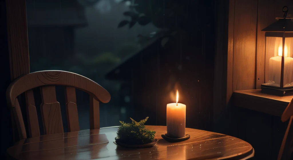 there is a small wooden house with a table and chairs, two candles on the table, rainy day outside, raining outside, magical environment, quiet and serene atmosphere, in a rainy environment, rainy outside, rainy afternoon, inside on a rainy day, rainy scen...