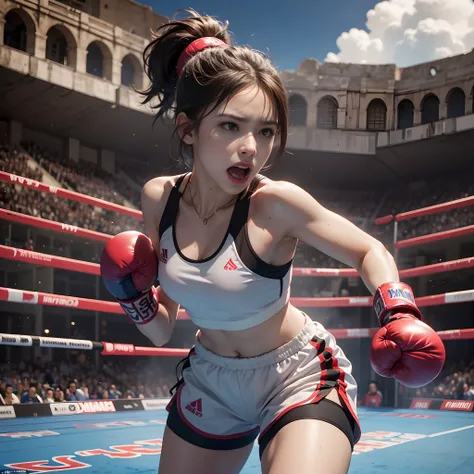 **Render**: The Greek colosseum serves as the backdrop for this 8K high-quality depiction of a boxing girl in a thrilling match. Her attire, combined with her shimmering skin and pronounced muscles, becomes a spectacle. The highlight is her long, high pony...