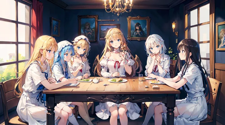 13 angel girl, sit at the table ,many dishes, upper body, front , like The Last Supper, picture frame ,high resolution,(incredibly absurdres), (hires.fix:1.3),anime visual,extremely detailed CG unity 8k wallpaper, ((masterpiece)), ((top-quality)), (beautif...