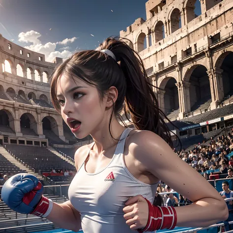 **Render**: The Greek colosseum serves as the backdrop for this 8K high-quality depiction of a boxing girl in a thrilling match. Her attire, combined with her shimmering skin and pronounced muscles, becomes a spectacle. The highlight is her long, high pony...