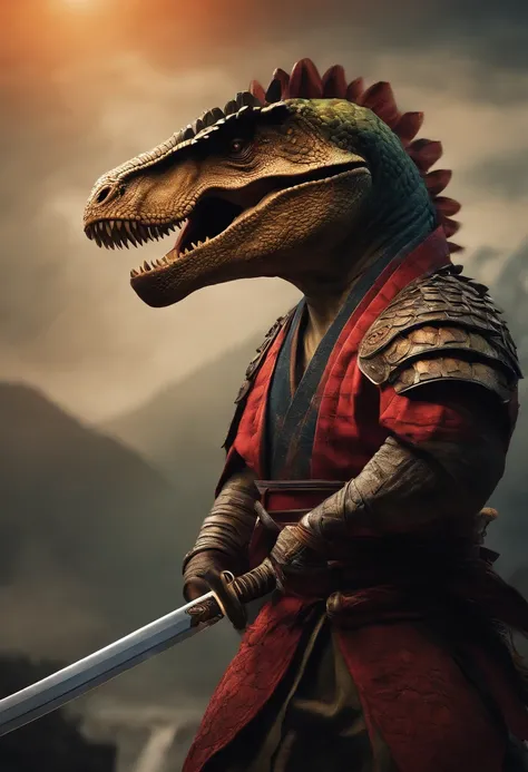 A dinosaur in samurai clothing holding a katana in one hand