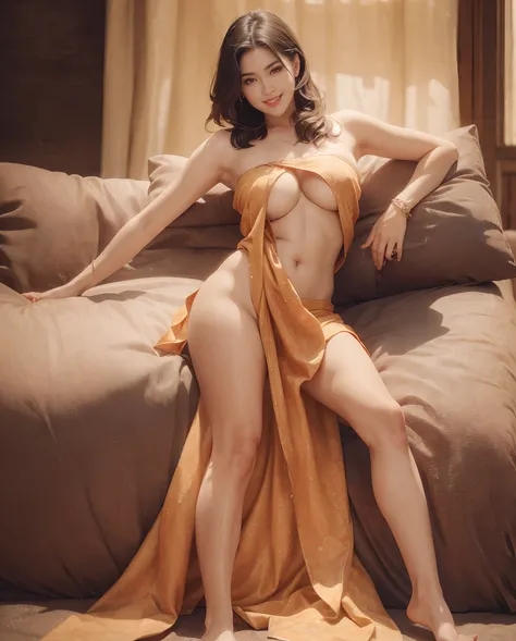 (Photorealistic:1.4), 8k raw photo, high res, best quality, masterpiece, meticulous detail, a hot beautiful woman wearing a sarong, big breast, very long legs, big hips, full body, smiling