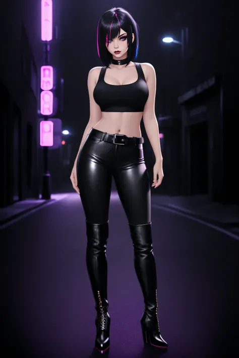 beautiful girl, ((standing:1.4)), (confident gaze:1.1), full body, short bright neon streaked black hair, ((seductive pose:1.2)), black eyeshadow, (street style wear:1.2), ((tight fitted pants)), ((knee high leather boots)), (dark city night black backgrou...