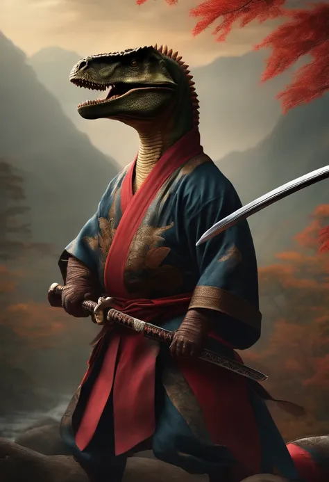 A dinosaur in samurai clothes holding a katana in one hand