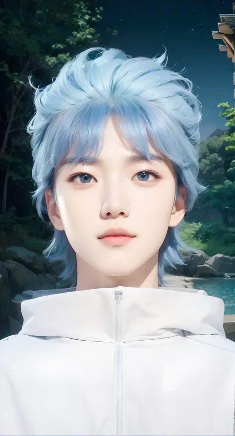 Real life adaption of this character, Korean Handsome face, cool expression, realistic same blue light hair,realistic background Nature with moonlight view, hyper realistic, realism, realistic light, realistic shadow,(photorealistic:1.2), looking to viewer...