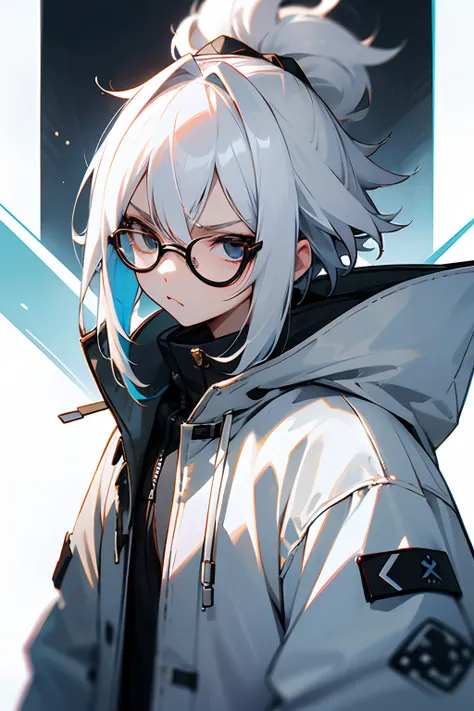 femele、wears glasses、white  hair、shorth hair、glaring、parka