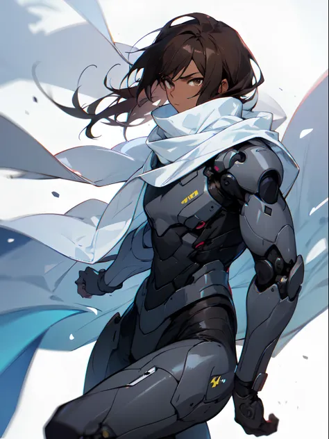 Masterpiece, highres, High quality, Dark skin teen, male, slightly buff, medium dark brown hair hair, big innocent eyes, wearing a black full body exosuit, six white long torn scarf, hooded white cloaks, looking at planet earth, White wrist guards, dramati...