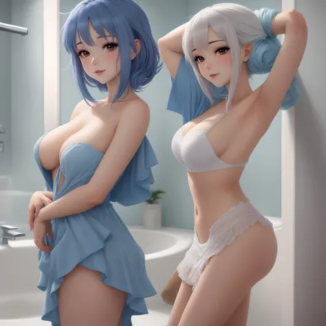 mulher de anime com cabelo azul e roupa de banho