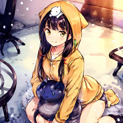 best quality, detailed background, girl,sea, cafeteria, bird, snow, winter,