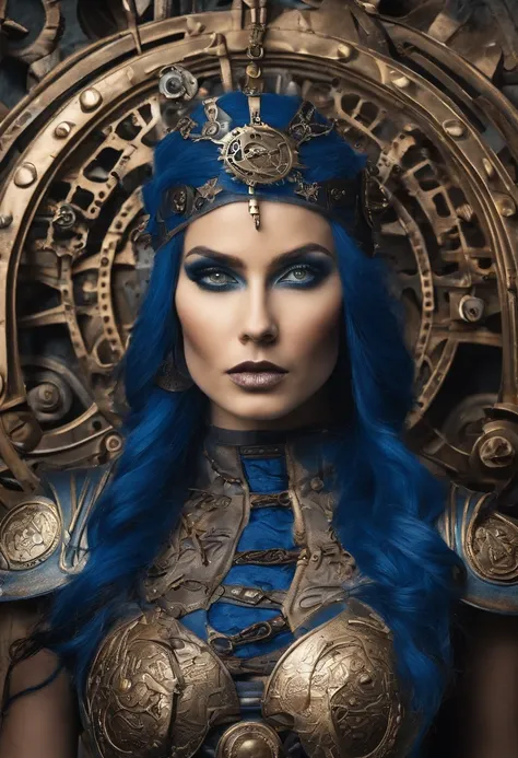 girl Eyes: Light and penetrating blue. Navy blue hairnSkin: Fair, with battle scars.nHeight: Tall, slender and athletic.nClothes: Futuristic Viking armor, ax with runes.