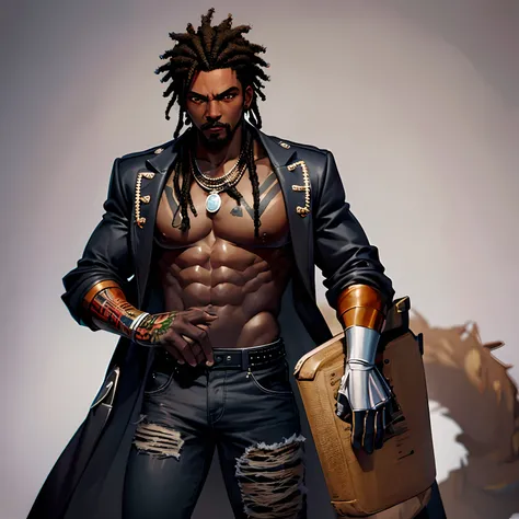 garoto punk rock negro forte, afro preto, forte, 27 anos, africano, bigode e cavanhaque, sem tatuagens, camiseta rasgada sob jaqueta, cabelo preto e branco, olhos castanhos, pele escura, Dreadlocks magros, suit jacket, overcoat and ripped baggy trousers, O...