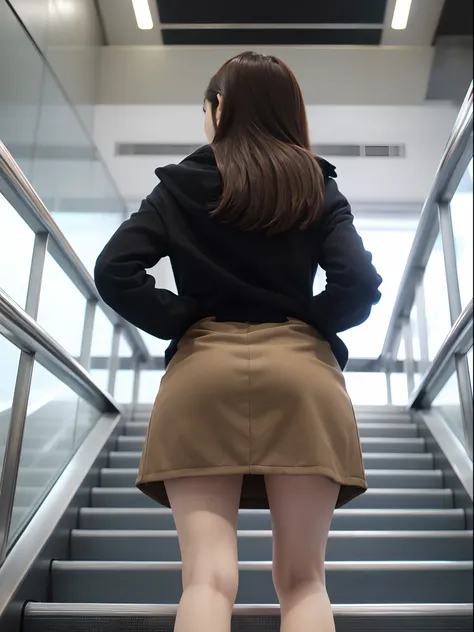 Up Escalator Skirt、short coat、bottom body close up、View from behind、Very low camera angle、Slouched、bent forward、Panchira