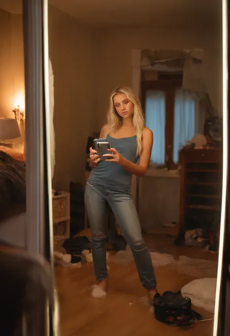 13 years old blonde girl taking full body selfie with phone front of a mirror in messy room, huge tits