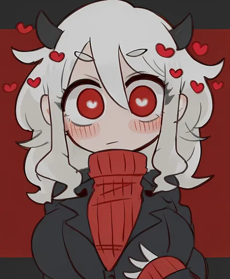 a cartoon drawing of a woman with white hair and red eyes, demon girl, ((red)) baggy eyes, demon anime girl, with red glowing ey...