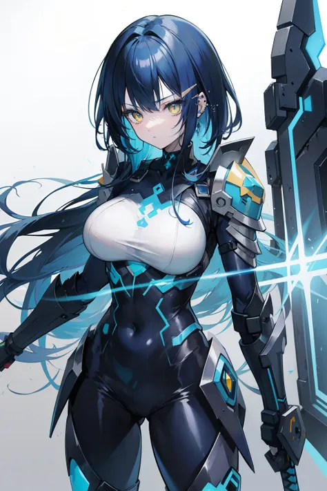 anime girl, dark blue hair, piercing yellow eyes, in a detailed light blue and black battle suit, carrying a huge jagged blue broadsword with runes enscribed onto it