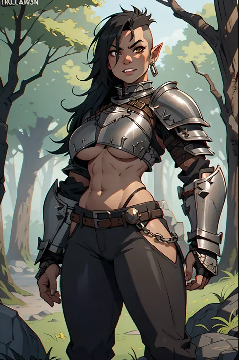 Solo, orc, girl, standing, black hair, muscular, tusks, mohawk, underbite, forest, underboob, teeth, armor, chestpiece, knight, thick lips, pants, ((chainmail armor))