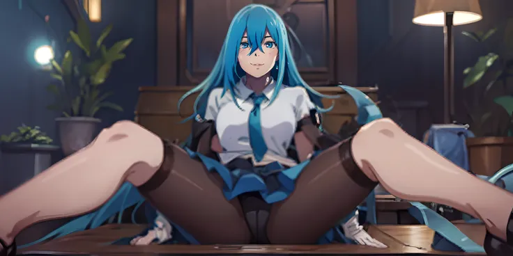 vivy, symbol on neck, (long hair, blue hair:1.6), underwear, panties, 1girl, breasts, large_breasts, sitting, skirt, solo, gloves, spread_legs, black_legwear, white_panties, indoors, looking_at_viewer, necktie, plant, feet, black_panties, pantyhose, lamp, ...