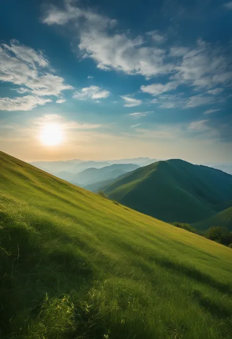 low angles、grass field、A hill、blue-sky