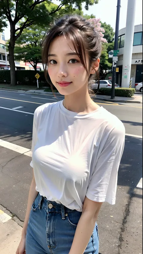 ((A cute woman similar to Sakura Tazaki))、Super clean and slender、Excellent style  、An ultra-high picture quality、extremely delicate face, Skin and hair、((Semi-long chignon hair))、Brown hair、((White t-shirt and tight jeans))、Hide your chest with your arms、...