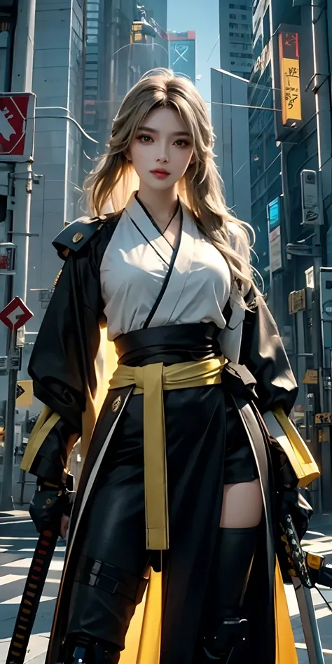 photorealistic, high resolution, soft light,1women, solo, hips up, (detailed face), yellow long hair, cybersamurai, cyborg, cyberpunk,  cyber armor, holding weapon,glowing,on the street , kimono , sniper looking at the target, katana