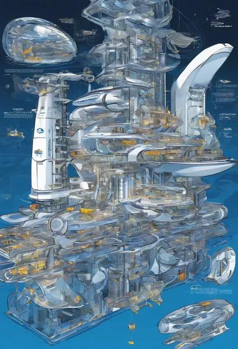 Deep-sea exploration machines,Showcasing the future of the deep sea,Futuristic technology,2 colours,Cobalt blue and navy blue,Bottomless,Only the ocean，Various fish of the future，In the deep sea