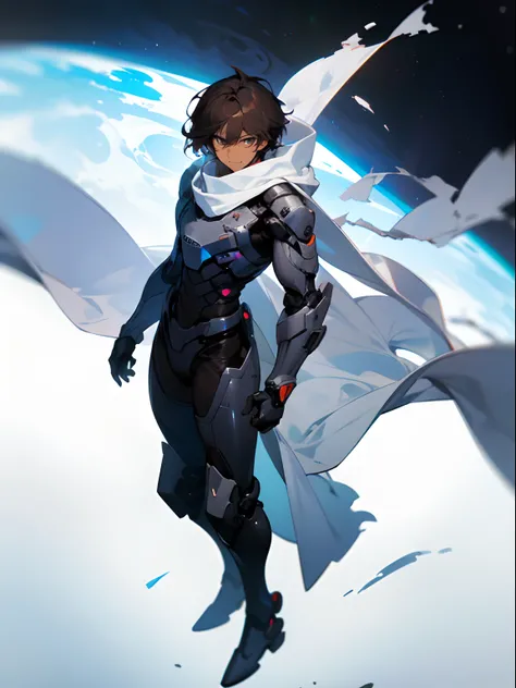 Masterpiece, highres, High quality, Dark skin teen, male, slightly buff, medium dark brown hair hair, big innocent eyes, wearing a black full body exosuit, six white long torn scarf, hooded white cloaks, looking at planet earth, White wrist guards, dramati...