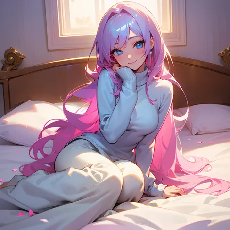 digital illustration, anime, 1 girl, pretty face, sensual smile, correct hand anatomy, wearing fluffy and glittery sweaters, glittery pants, Diamond-like blue eyes, Half body shot, sitting on a bed, white shiny bedsheet, rose petals on the bedsheet, cozy r...