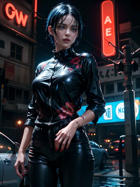 Outdoors, black mature woman, wearing black and red floral shirt, wearing black dress pants, blue eyes, glowing eyes, short hair, grey skin, club environment, night, blue neon signs, 8k, Unreal engine, highly detailed, photorealistic, wet clothes, dripping...