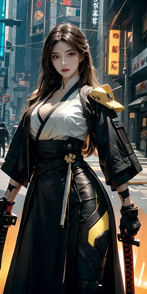 photorealistic, high resolution, soft light,1women, solo, hips up, (detailed face), yellow long hair, cybersamurai, cyborg, cyberpunk,  cyber armor, holding weapon,glowing,on the street , kimono , sniper looking at the target, katana