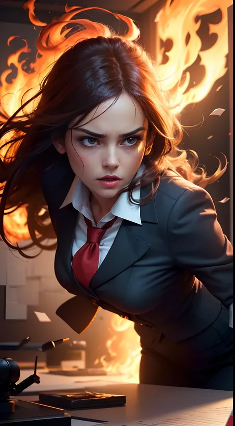 (best quality,4k,8k,highres,masterpiece:1.2),ultra-detailed,(realistic,photorealistic,photo-realistic:1.37),a girl in office attire,blazing eyes of fury,flickering flames dancing around her,hair blowing wildly in the wind,scattered papers and office suppli...