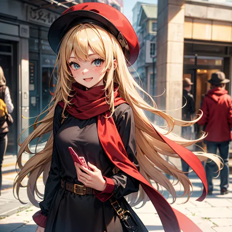 Caucasian Woman, Blonde hair, Cute, Black hat, red scarf, Im having a good laugh