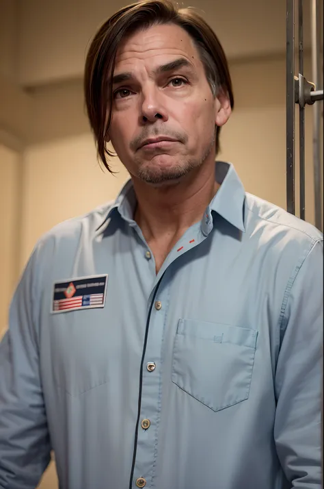 Former President Jair Bolsonaro behind bars, wearing an orange prison jumpsuit.