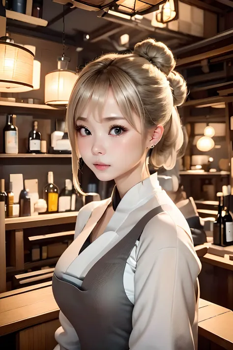 top-quality、masuter piece、ultra-detailliert、8ｋ、超A high resolution、1 girl in、ash blonde、Gray eyes、Bun hair:1.5、((no-makeup))、Cute look、Izakaya clerk、vibrant atmosphere、Izakaya