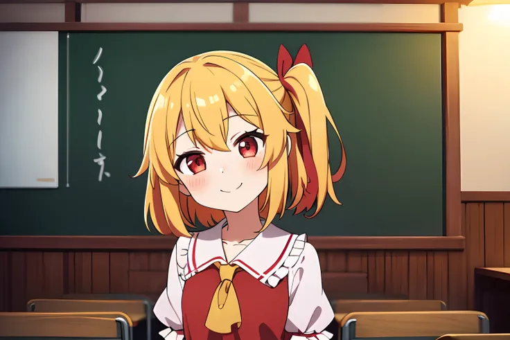 Anime style、Best Quality, 1girl in, Solo, （Flandre Scarlett staring at camera）、From upper body up、is standing、 a smile、blushed face、beautiful countenance、Eye Highlights、Petite、Red eyes、bright yellow hair in the side tail,、shortsleeves、childish、‎Classroom